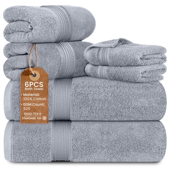 Lux Decor 6 Piece Bath Towel Set 525 GSM, 100% Cotton Towels for Bathroom, Spa & Hotels - Zero Twist 2 Large Bath Towels, 2 Hand Towels & 2 Washcloths – Quick Dry & Highly Absorbent - Grey