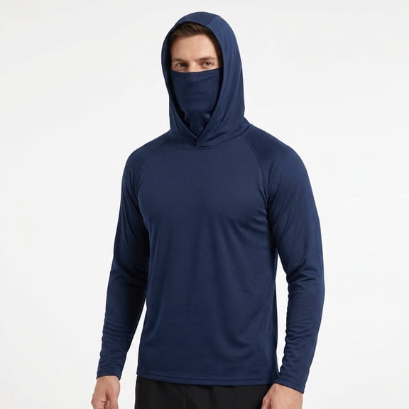 Men's UPF 50 Sun Protection Hoodie with Face Mask, Long Sleeve Quick Dry Cooling Hooded Shirt for Outdoor Activities, Navy Blue, L