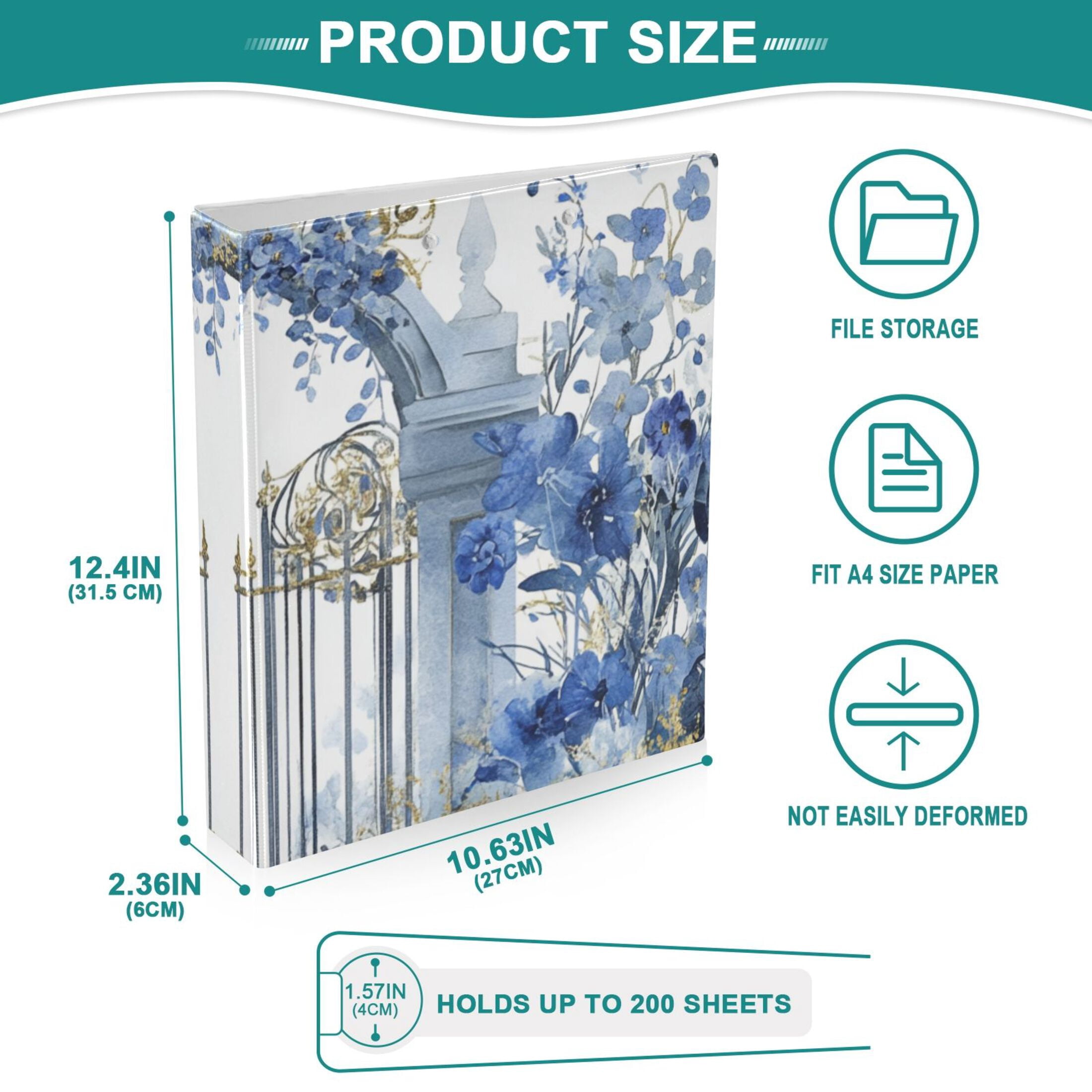 Blue Garden Floral Birds 3 Ring Binders 1.5 inch Hardcover File Folders with Interior Pockets A4 Size Organizer for School Office Hospital