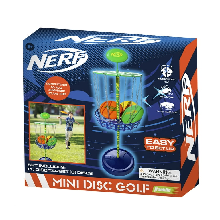 NERF Disc Golf Starter Set - Mini Disc Golf Discs + Disc Golf Basket Set -  Complete Portable Disc Golf Set with Discs for Backyard + Beach - 3 Discs +  Basket Target Included 