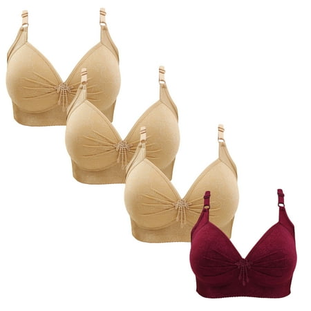 Gnurob 4 Pieces Lace Bralettes for Women No Underwire Bras Push Up Brassiere Comfort Padded T Shirt Bra Plus Size Wirefree Bralette Sports Everyday Wear Clearance Saving A04-Beige Large