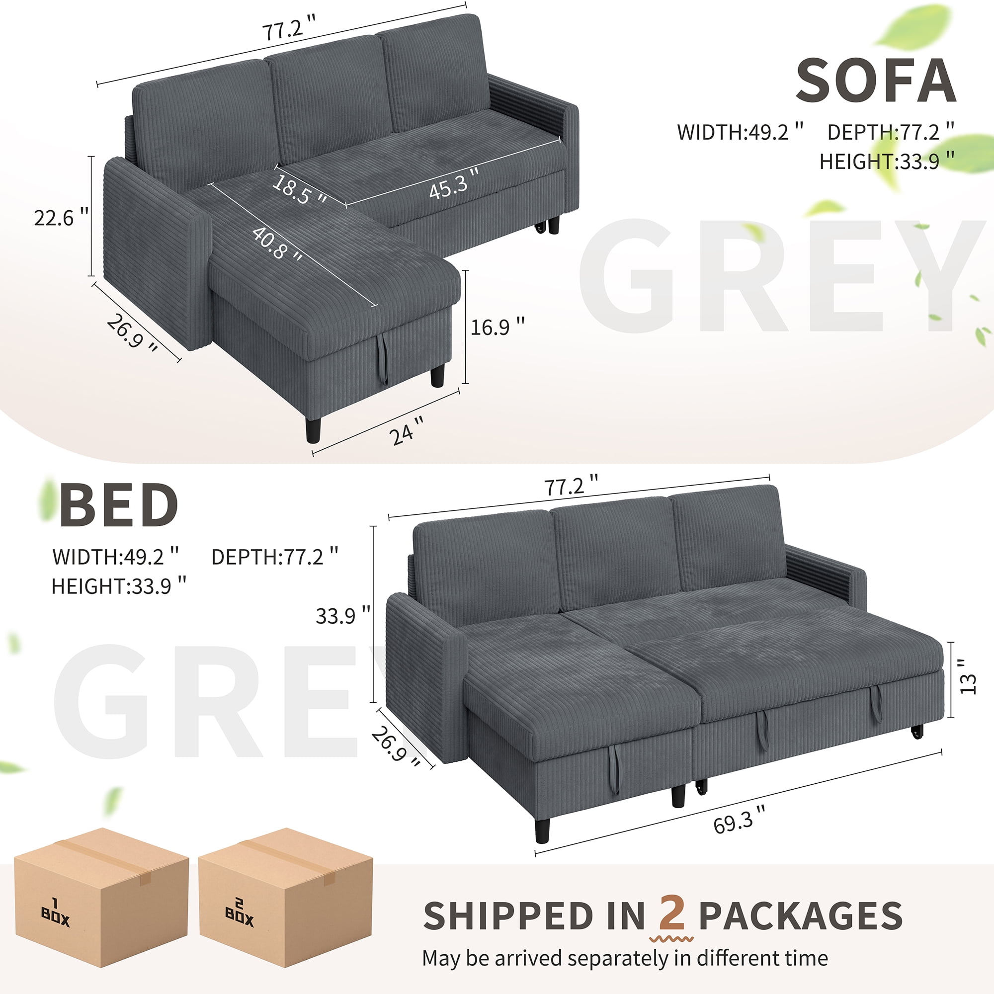 Walsunny Pull Out Sectional Sleeper Sofa Bed L Shape Couches with Reversible Storage Chaise for Living Rooms Small Rooms Apartment,Dark Gray