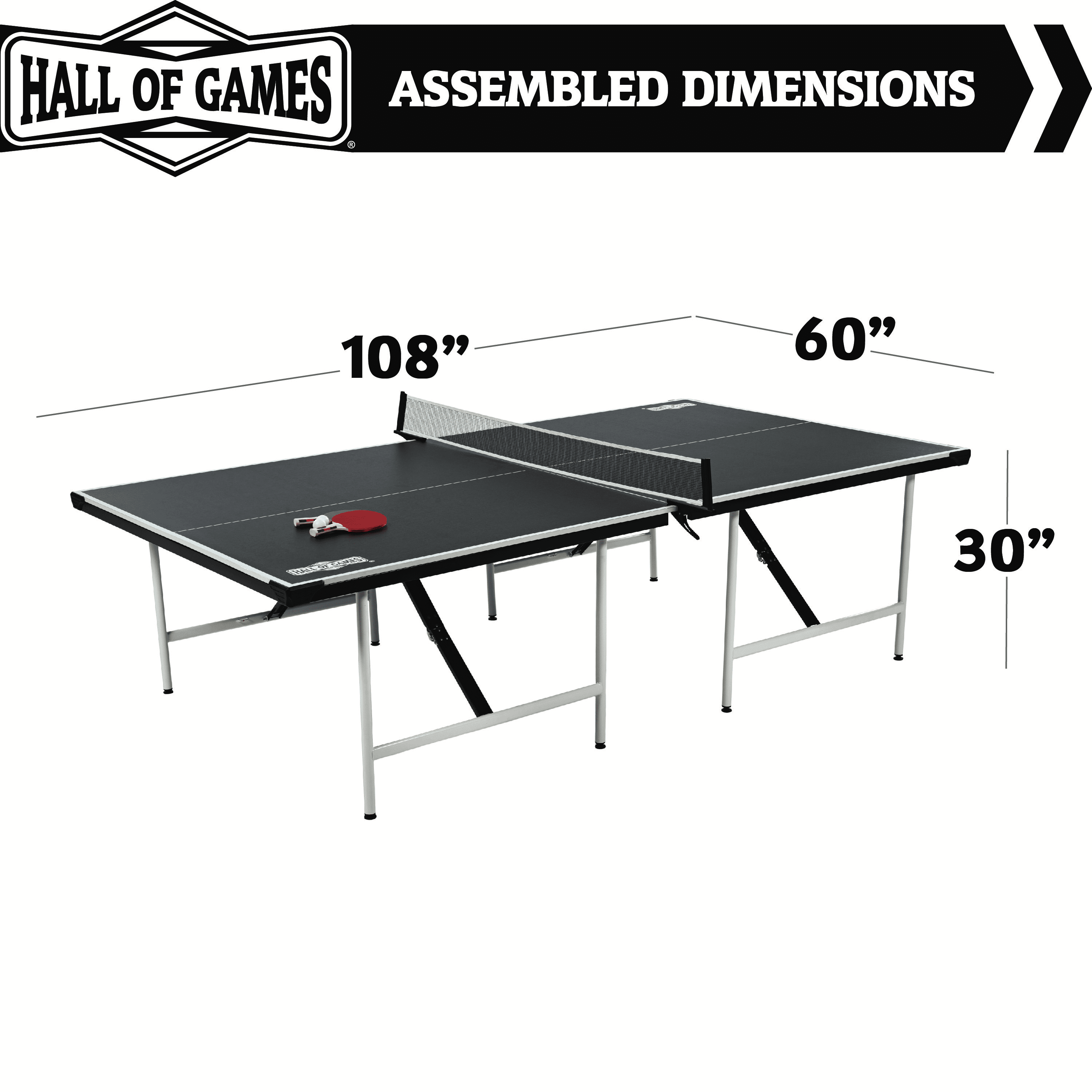 Hall of Games Official Size Ping Pong Table Tennis Table, Space Saving No Assembly Design with Accessories, Black/White