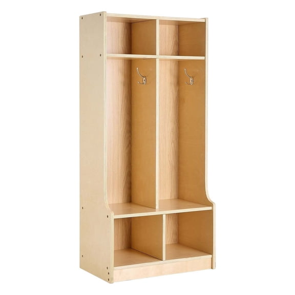 Kids Coat Locker - 2 Section Wooden Cubby Organizer with Hooks & Storage Boxes, Toddler Coat Rack for Home, Daycare, Kindergarten - Natural Finish