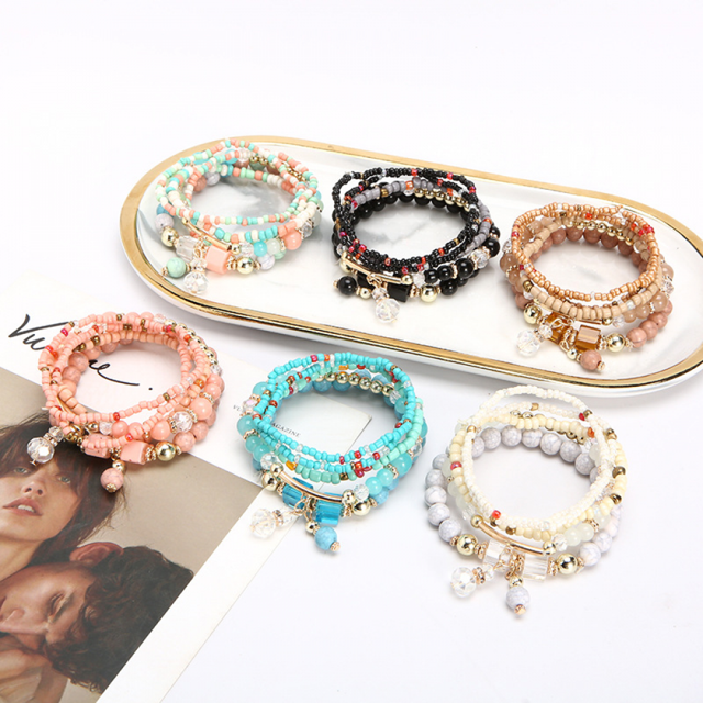 6 Sets Multilayer Rice Bead Bracelet, Boho Stackable Bead Bracelet Set Women's Jewelry Geometric Rice Bead Stretch Multilayer Bracelet