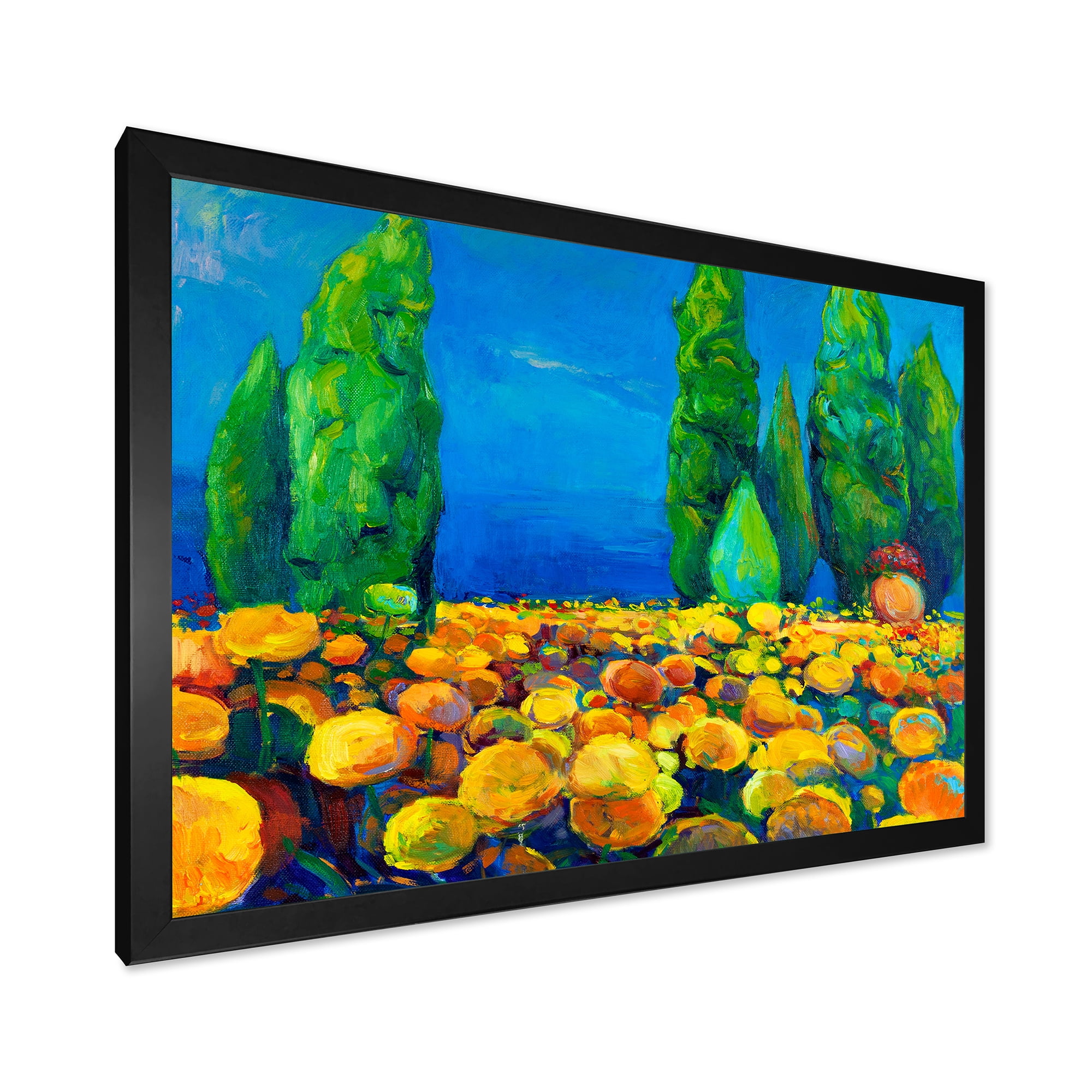 Designart 'Yellow Blossoming Flowers Landscape With Green Trees' Traditional Framed Art Print