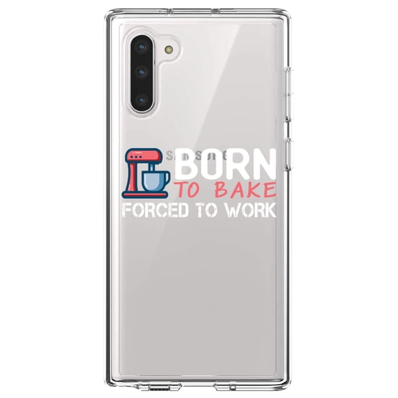 DistinctInk Clear Shockproof Hybrid Case for Samsung Galaxy Note 10 (6.3" Screen) - TPU Bumper Acrylic Back Tempered Glass Screen Protector - Born to Bake Forced to Work