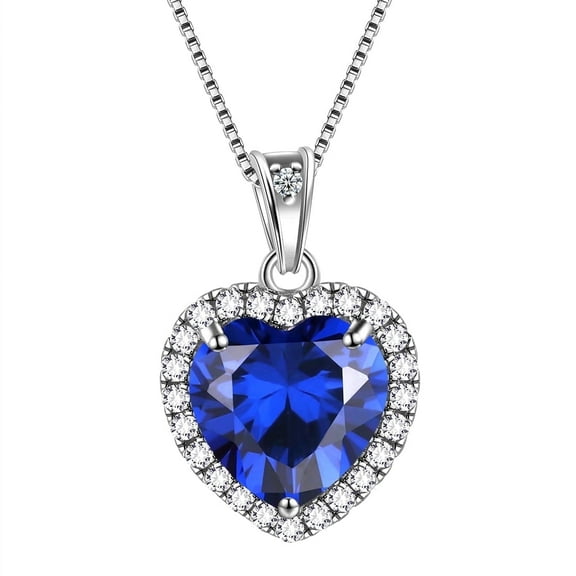 September Birthstone Necklace Women Blue Heart Necklace Sapphire Crystal CZ 925 Sterling Silver Pendant Jewelry Birthday Mother's Day Gifts Juwaliy