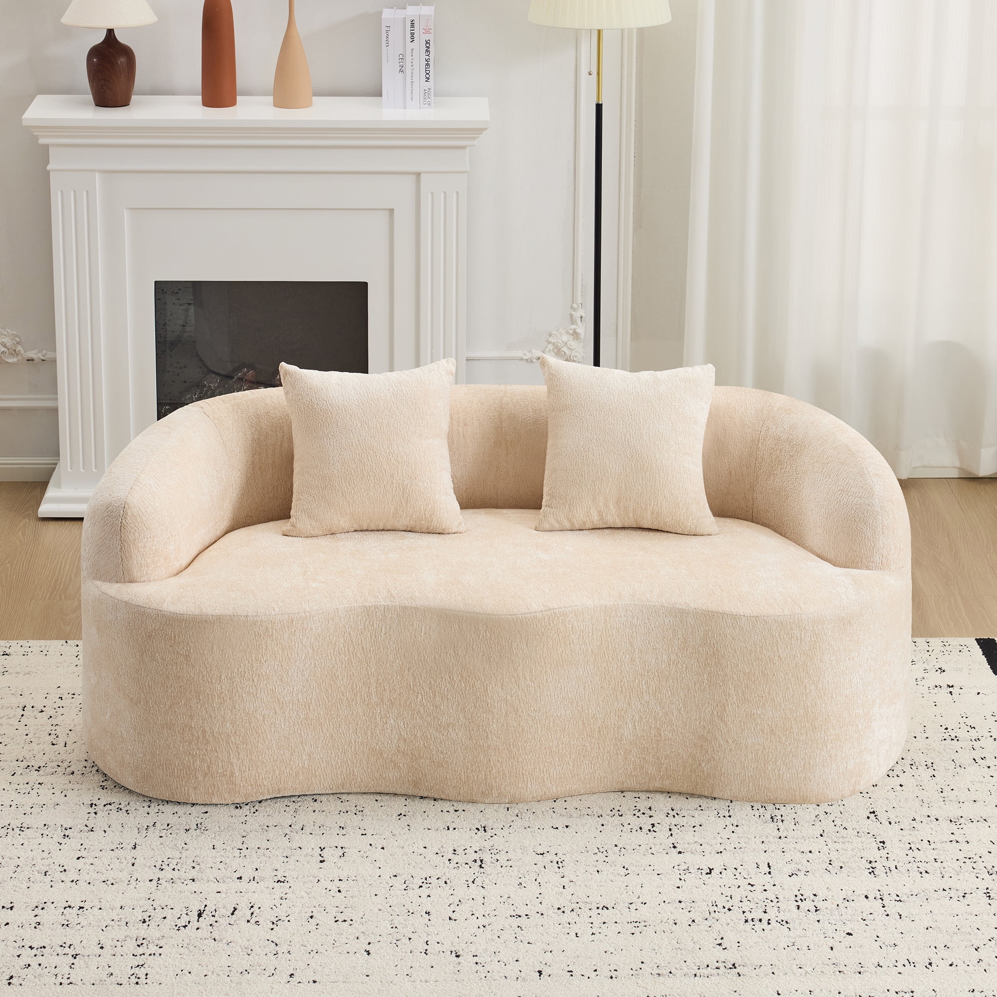 Beige Curved Loveseat Sofa with Round Armrest, Teddy Velvet Fabric Compression Couch with 2 Pillows, Cream Couch for Small Space, Living Room, Bedroom, No Assembly