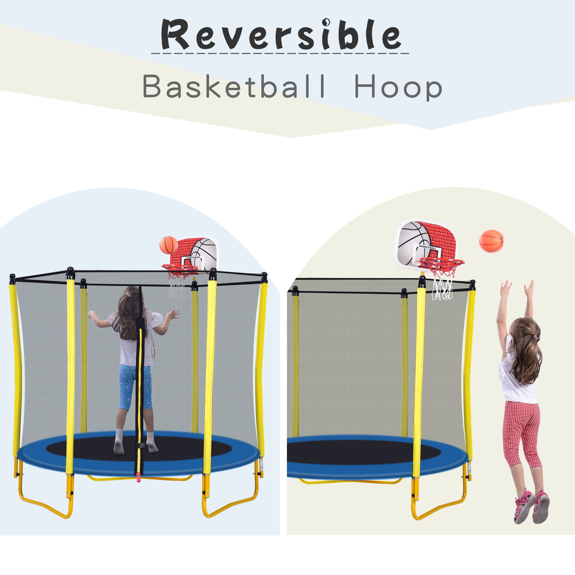 5.5FT Toddler Trampoline with Basketball Hoop, SHINPT Mini Trampoline for Kids, 65" Outdoor/Indoor Trampoline with Enclosure Net, Recreational Trampoline for Patio, Backyard, Garden, Lawn, Yard