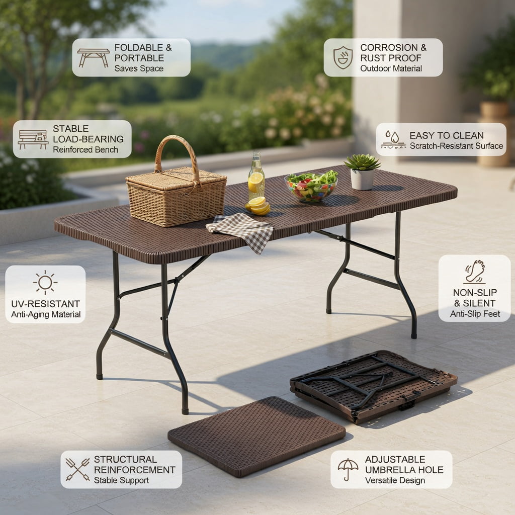 Hommoo 6 ft Portable Folding Table, HDPE Rattan-Look Tabletop, Weatherproof & Locking Frame for Outdoor Picnics, Camping, and Indoor Use, Coffee