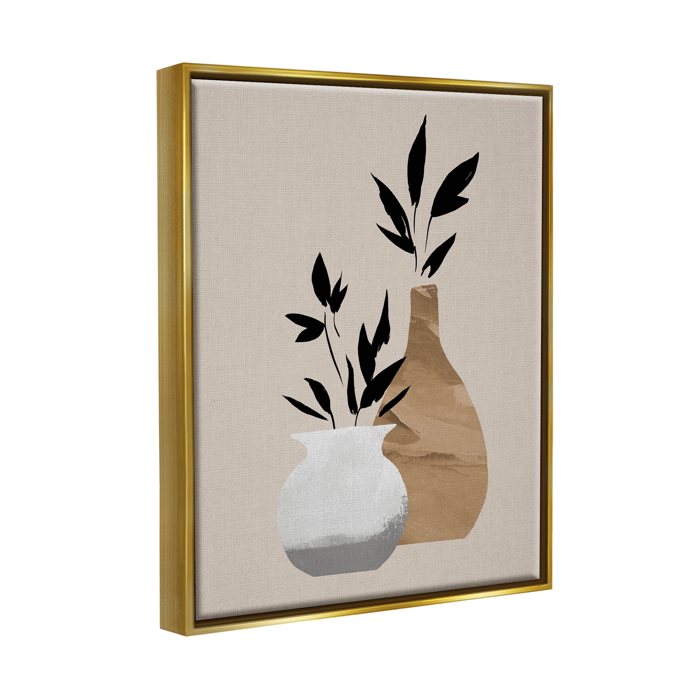 Stupell Industries Contemporary Leaf Sprig Vases Graphic Art Metallic Gold Floating Framed Canvas Print Wall Art, Design by Jacob Green