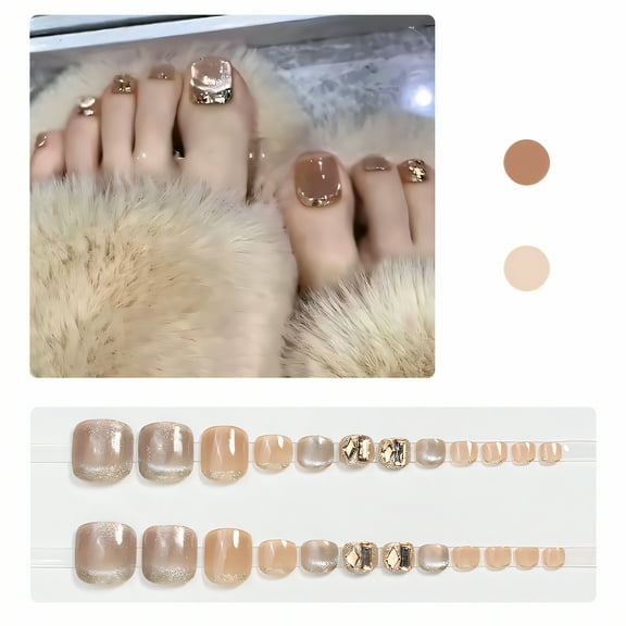 RAGUPEL 24Pcs Toe Press on Nails Square Short Slip-Safe Hold Toe Nails Press on with Rhinestones Square Press on Nails with Comes Includes Mini Glue for Women Style1
