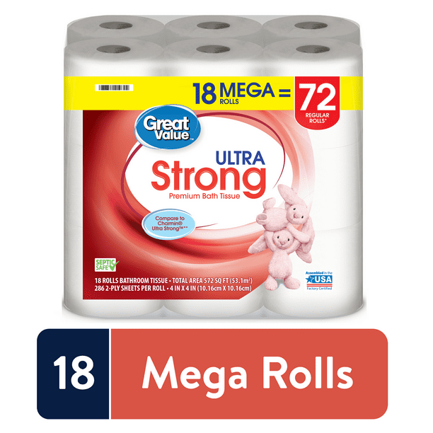 Great Value Ultra Strong Premium Toilet Paper 18 Mega Rolls Walmart Com