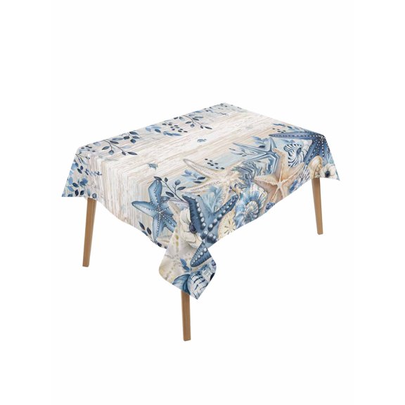 Blue Coastal Starfish Table Cloth, Waterproof Tablecloth for Rectangle Tables, Beach Nautical Shell Eucalyptus Vintage Reusable Washable Fabric Table Cover for Restaurant Kitchen Dining 60"x102"