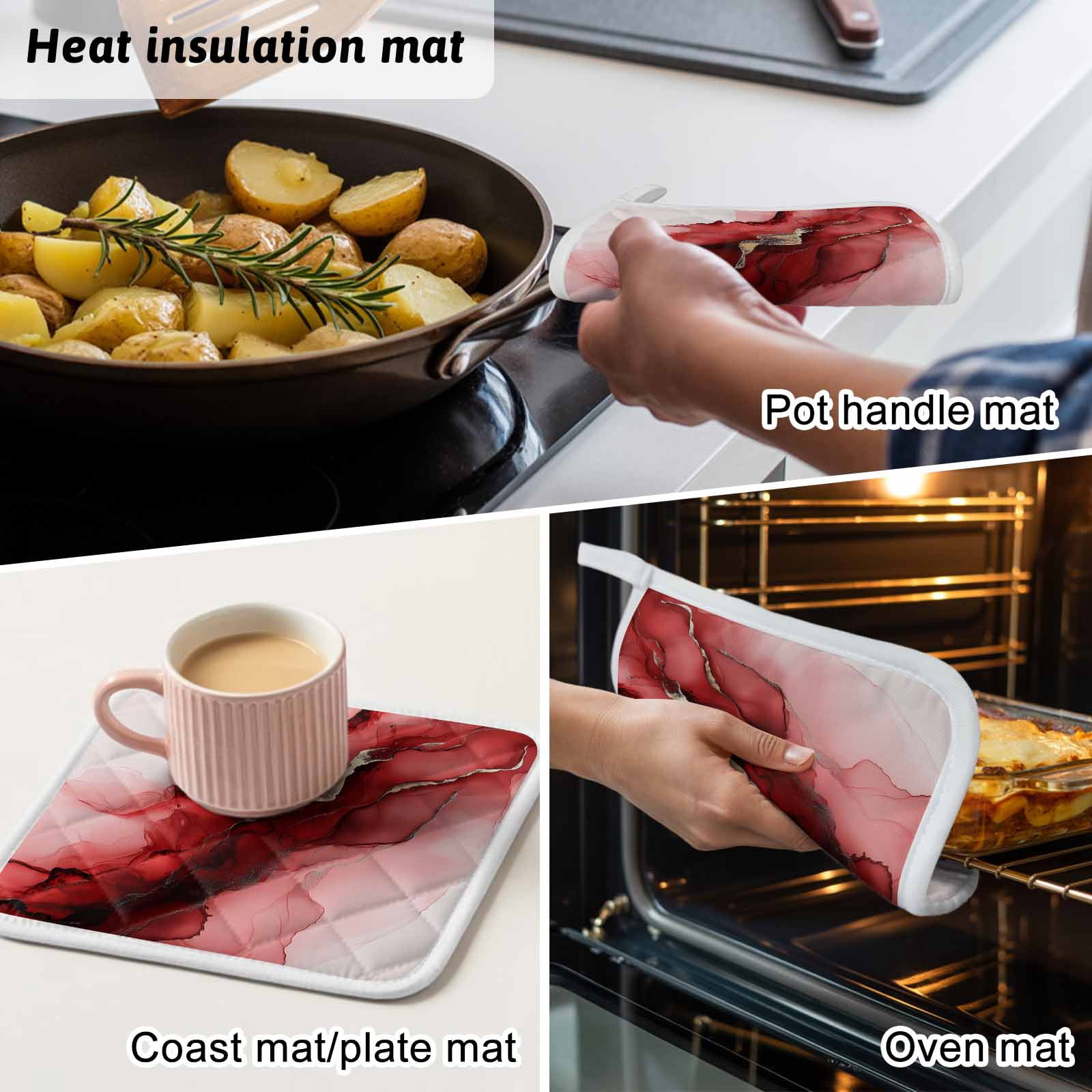 Red Marble Pot Holders for Kitchen Heatproof Potholder, 3 Pack Modern Ombre Abstract Ink Painting Art Hot Pads Multipurpose Oven Pads Cloth Potholders Trivet for Cooking Baking
