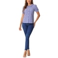 thumbnail image 2 of INSPIRE CHIC Women's Plaid Shirt Peter Pan Collar Puff Short Sleeve Gingham Button Down Blouse XS Blue, 2 of 6
