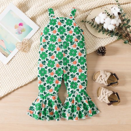 

NIUREDLTD Toddler Girls St. Patric.k s Day Sleeveless Cartoon Prints Romper Bell Bottoms Jumpsuit Clothes