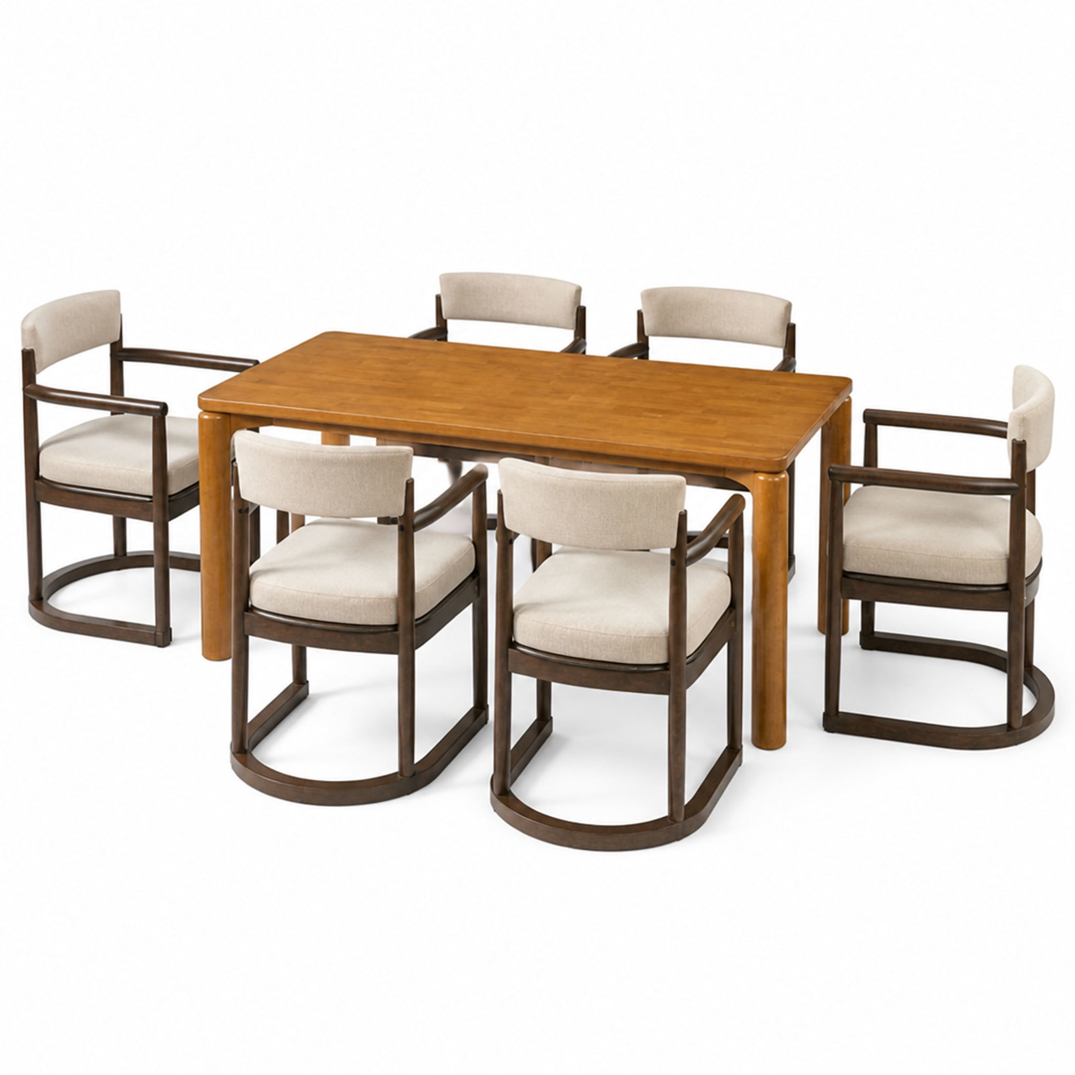 Christopher Knight Home 7-Piece Wood Dining Set, 70" Table and Upholstered Armchairs, Walnut+Beige