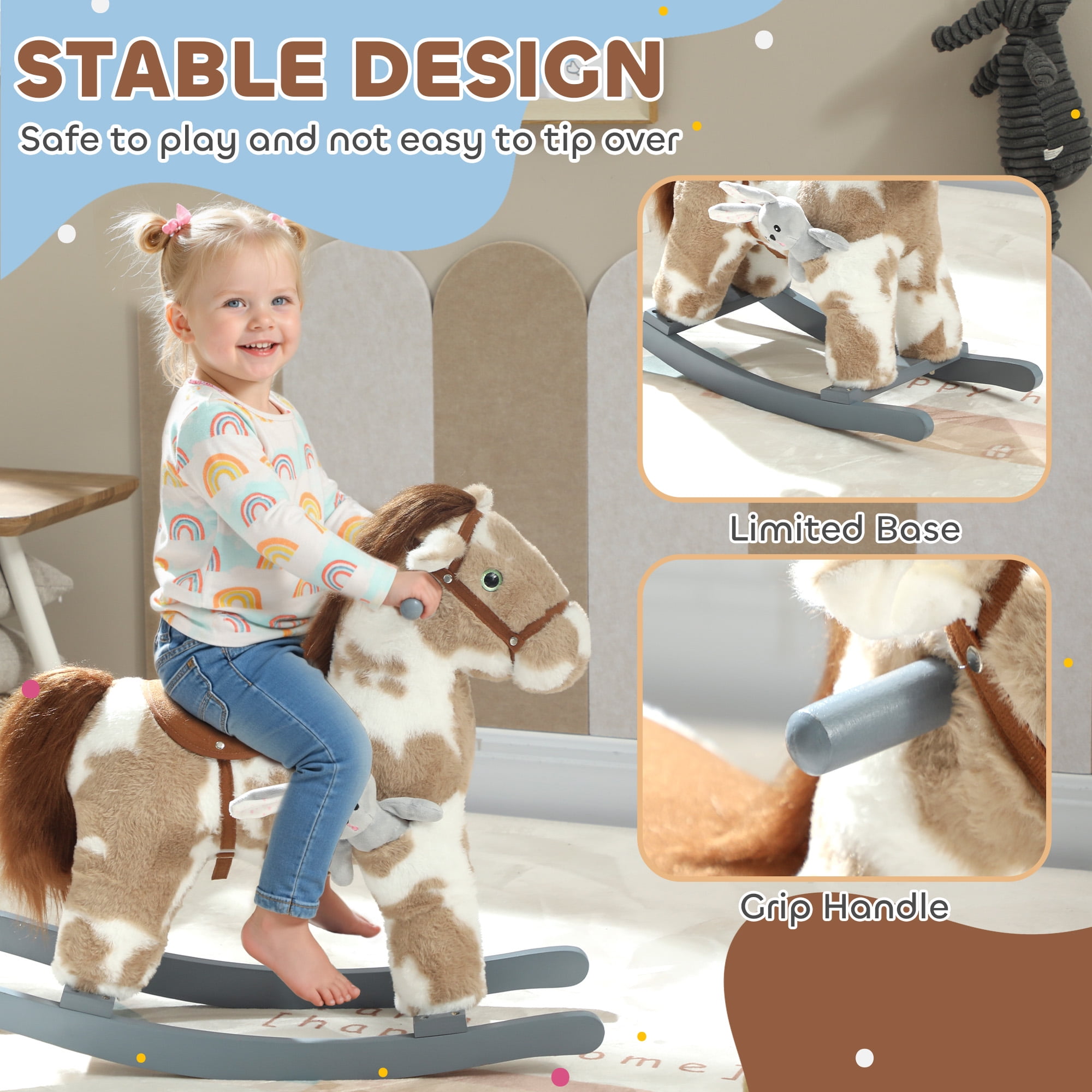 Rocking Horse, Kids Plush Animal Rocker with Realistic Neigh for Toddlers, Soft Filling Ride on Horse with Rabbit Toy, Brown