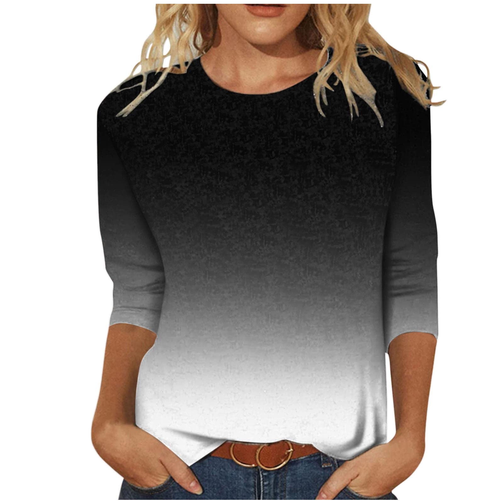Summer 3/4 Sleeve Shirts for Women, 2023 Fall Colorblock Print T Shirt ...