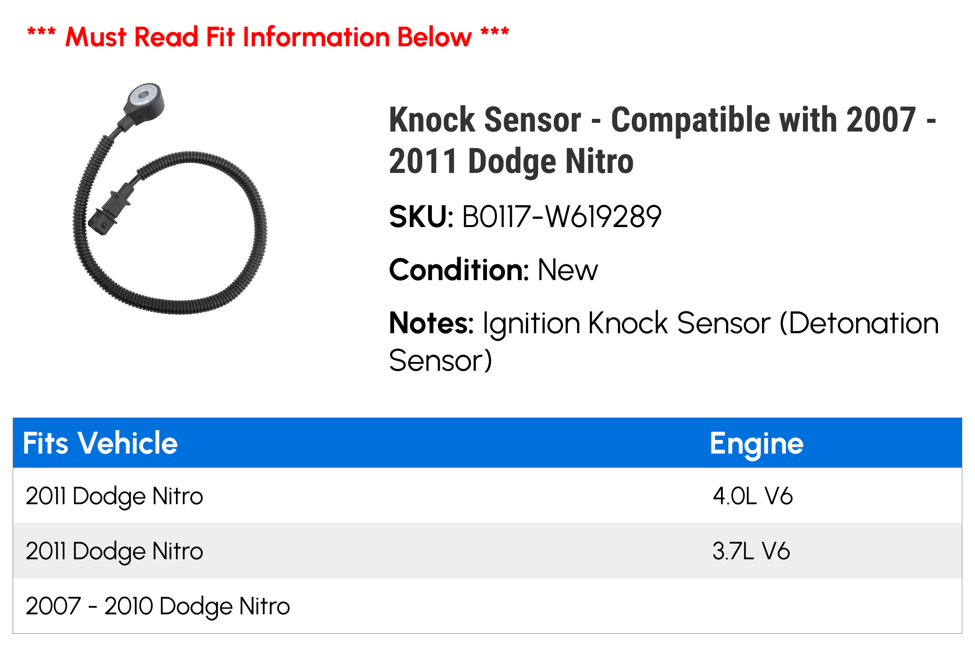 Knock Sensor - Compatible with 2007 - 2011 Dodge Nitro 2008 2009 2010