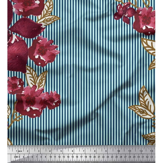 Soimoi Green Rayon Crepe Fabric Stripe & Chocolate Cosmos Floral Print Fabric by the Yard 46 Inch Wide