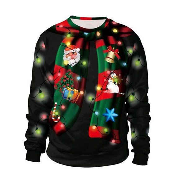 Men Women Ugly Christmas Sweater Xmas Jumper Tops 3D Christmas Bell Snowman Elf Santa Print Holiday Party Crewneck Sweatshirt
