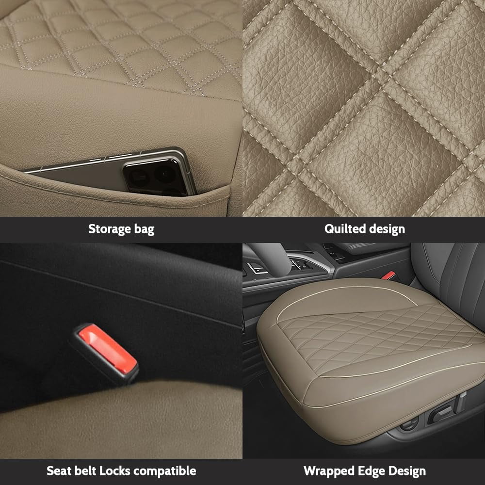 Autoking Cover Leather Front Car Seat Cover, Anti-Slip and Full Wrap Driver Car Seat Protectors with Storage Pocket, Luxury Bottom Auto Seat Cushion (Beige)