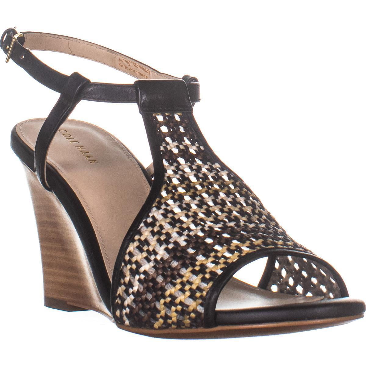 Womens Cole Haan Maddie Open Toe Wedge Sandals Black Woven 8 US