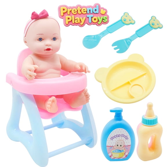 Baby Doll Care Pretend Play Toys, Kids Toddler Feeding Playset with High Chair Doll Bottle Plate Utensils, Preschool Educational Learning Toys, Imaginative Nanny Role Play Kit for Boys Girls Ages 3