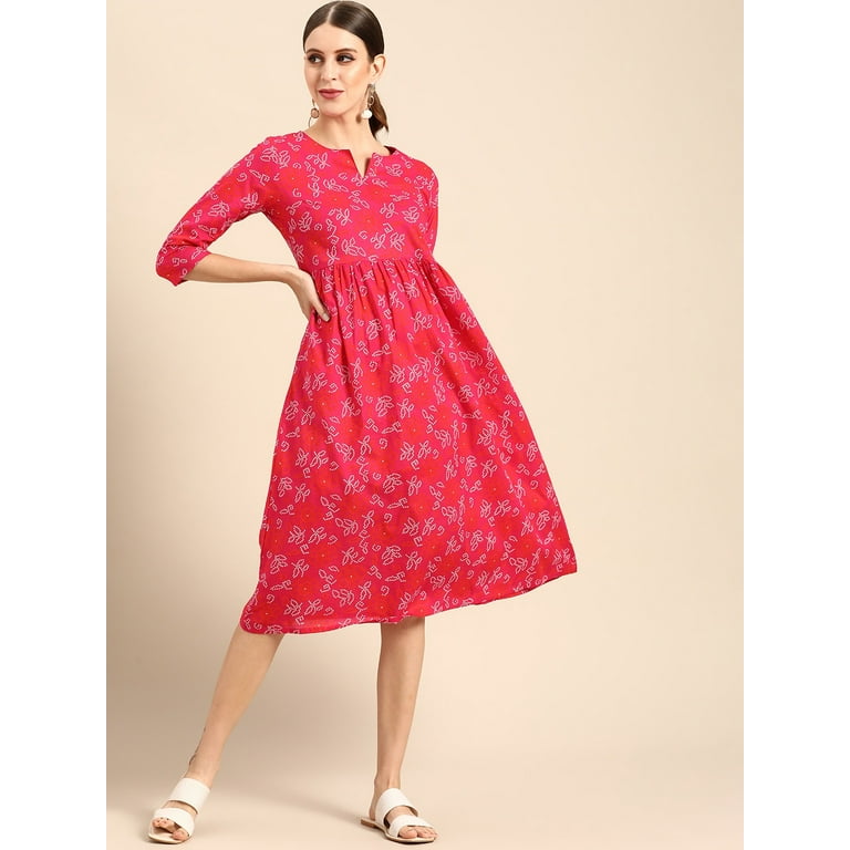 Anouk - By Myntra Women Ready To Wear 3/4 Sleeve Pink & White Ethnic Motifs  Print Pure Cotton A-Line Midi Dress Indian dress for women