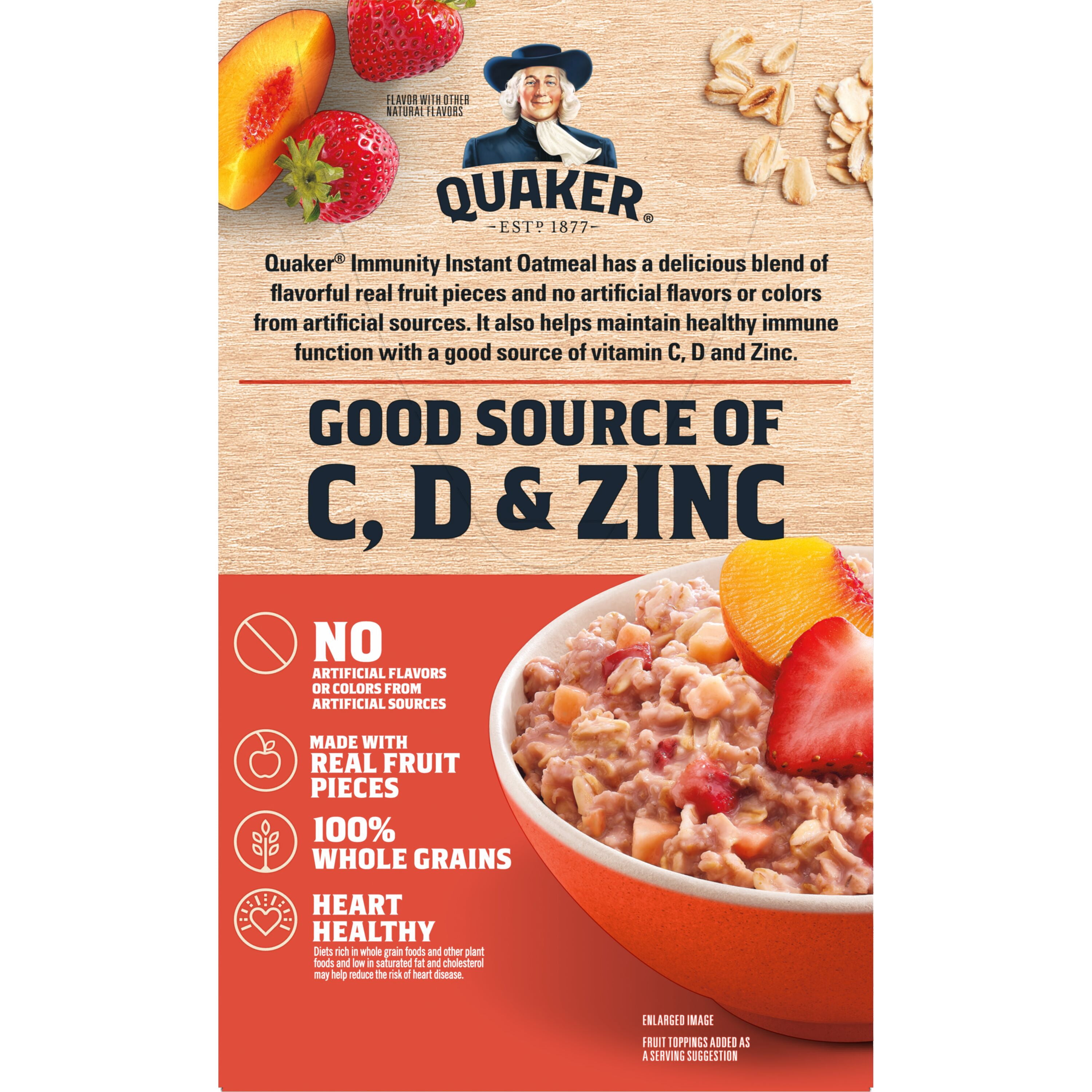 (6 pack) Quaker Immunity Instant Oatmeal, Strawberry Peach, Good Source of Vitamins C, D, & Zinc, Whole Grains, 1.41 oz packets, (6 Pack)
