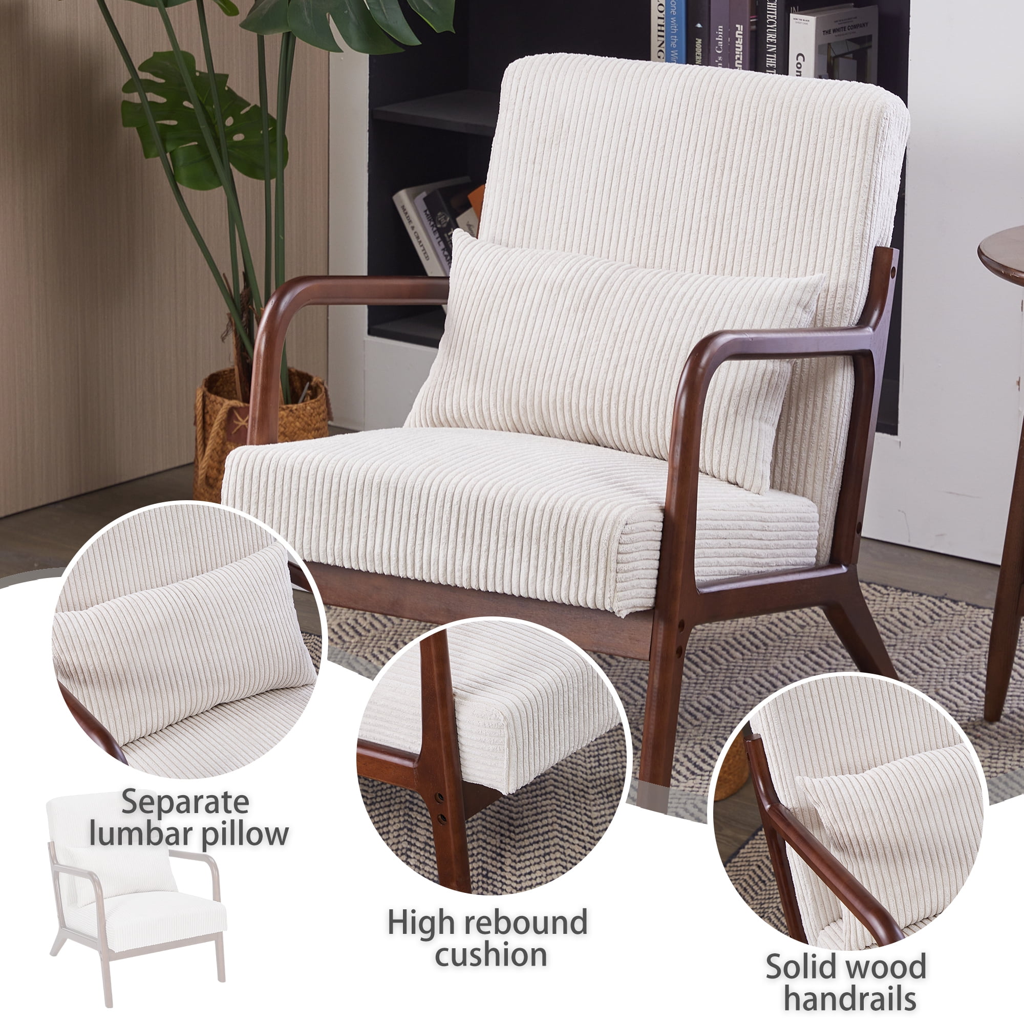 Leumius Modern Arm Chair Upholstered Reading Accent Chair with Pillow & Solid Wood Frame for Living Room Bedroom,Beige