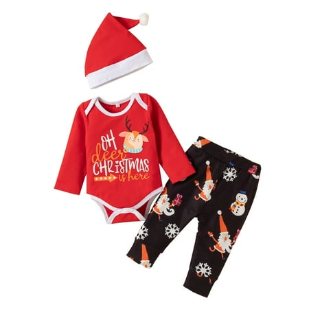 

Baby Boys Girls Christmas Xmas Cartoon Deer Letter Printed Romper Bodysuit+Pants Hat Outfits For 12-18 Months