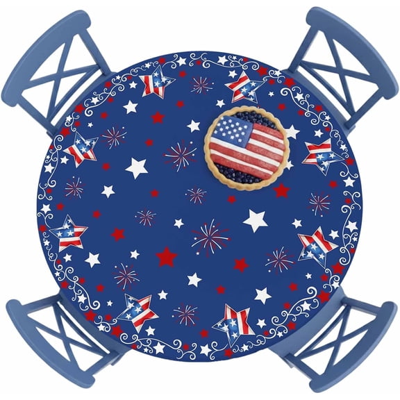 4th of July Round Fitted Tablecloth with Elastic Patriotic Star Fireworks Tablecloths Waterproof Freedom Red White and Blue Table Cover for Kitchen Dinner Independence Day Party 55"- 60"
