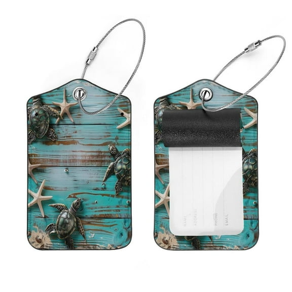 PhooArto 2 Pack Leather Luggage Tag with Stainless Steel Loop, Sea Turtle Blue Wooden Board Baggage Handbag Travel Suitcase Tags with Name ID Card Perfect to Quickly Spot Luggage Suitcase
