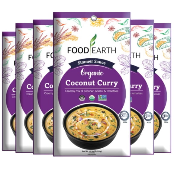 Food Earth - Organic Coconut Curry Simmer Sauce, 100% Organic, Vegan, Gluten-Free, Heat & Serve, Curry or Marinade Base, 12-Pack (5.29 oz Each) – Shelf-Stable Indian Cooking Sauce