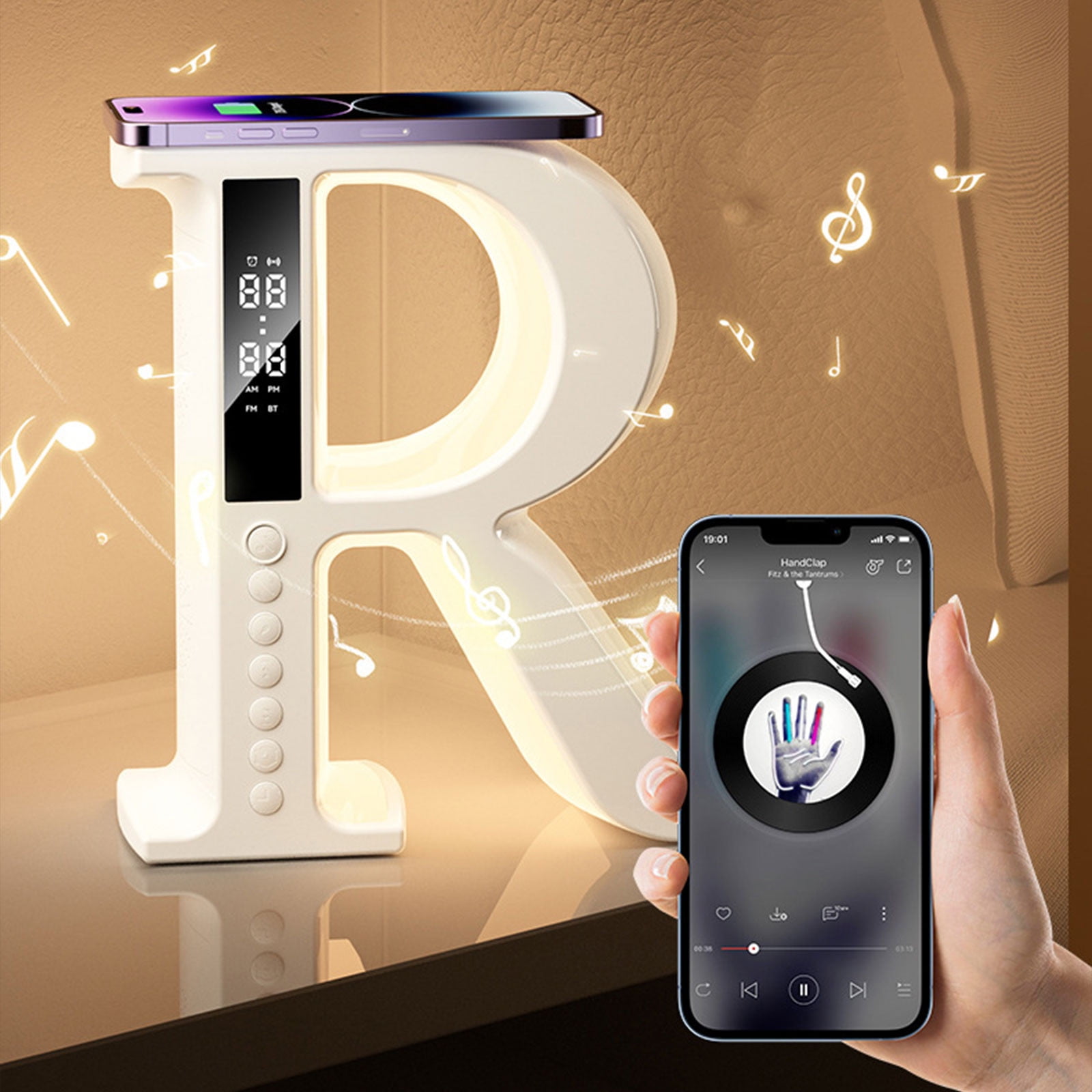 R Shaped Bluetooth Desktop Speaker, Wireless Audio Speaker With Mood Light, Wireless Charging Speaker Clock, Lyrics Subtitle Display Speaker, Multifunctional Desktop Music Speaker