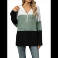 thumbnail image 2 of Suéter con Capucha y Media Cremallera para Mujer, Talla Grande, Color Block, Punto Acanalado, Cuello en V, Larga Verde XL, 2 of 10