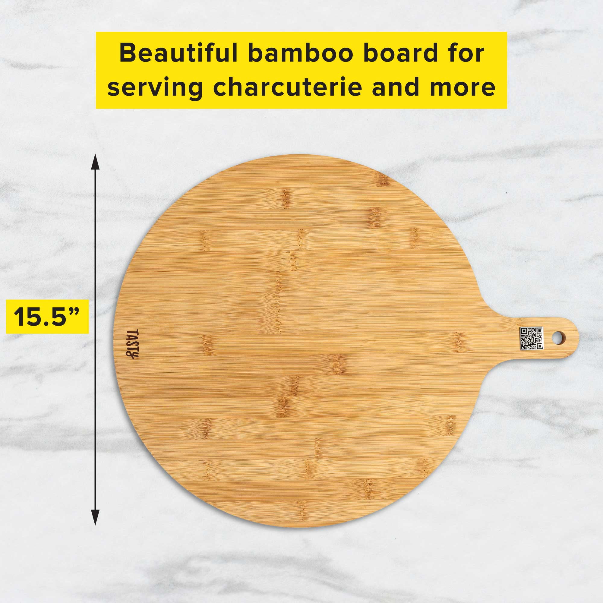 Tasty Bamboo Round Charcuterie Board with Handle, Paddle Cheese Board, 15.5" Round
