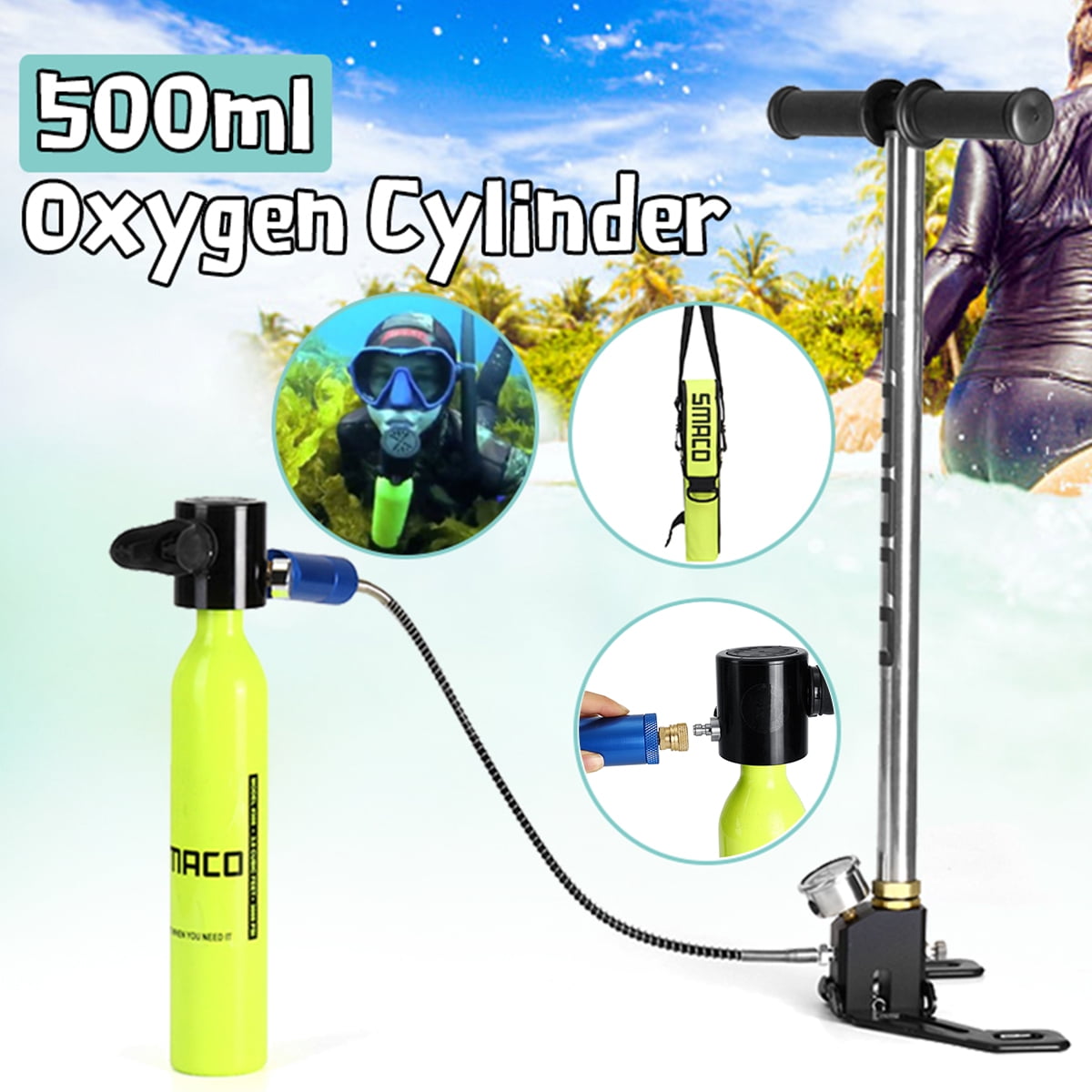 500mL Mini Oxygen Cylinder Air Pump Tank Diving Hand Inflator w/Pressure Gauge 