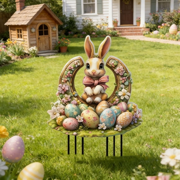 ddioayh Easter Garden Stakes 2D Acrylic Bunny Decorative Signs Multicolor Vintage Style For Outdoor Easter Decorations With Easter Egg Motifs