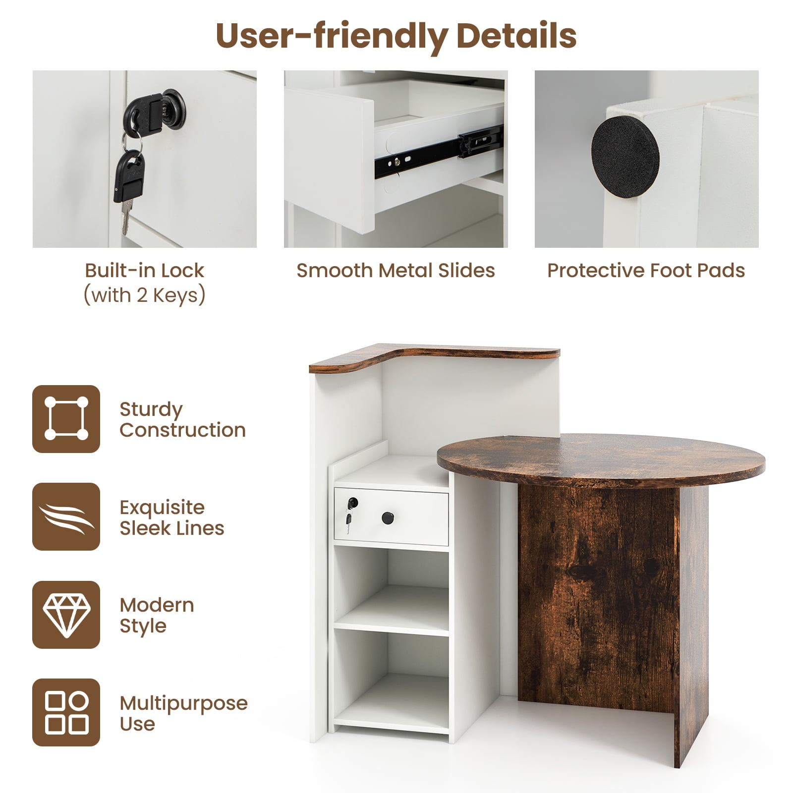 Giantex Reception Desk, Computer Workstation w/Lockable Drawer & Open Shelves, Checkout Counter, Rustic Brown & White