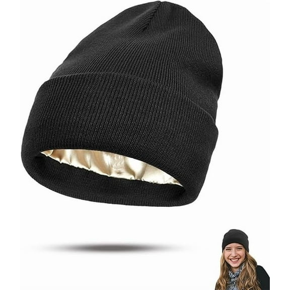 Belvado Satin Lined Beanie for Women Men Knit Winter Hats Silk Cap Warm Hat with Silk Lining Soft Slouchy Warm Cuffed Beanies(black)