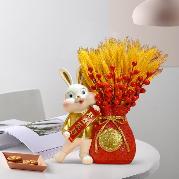 Florero creativo Resina Conejo Estatua Cesta Arreglos florales Bolsa de dinero Florero en forma de maceta para el Festival de Primavera Sala de estar Dorado perfecl Jarrón de resina