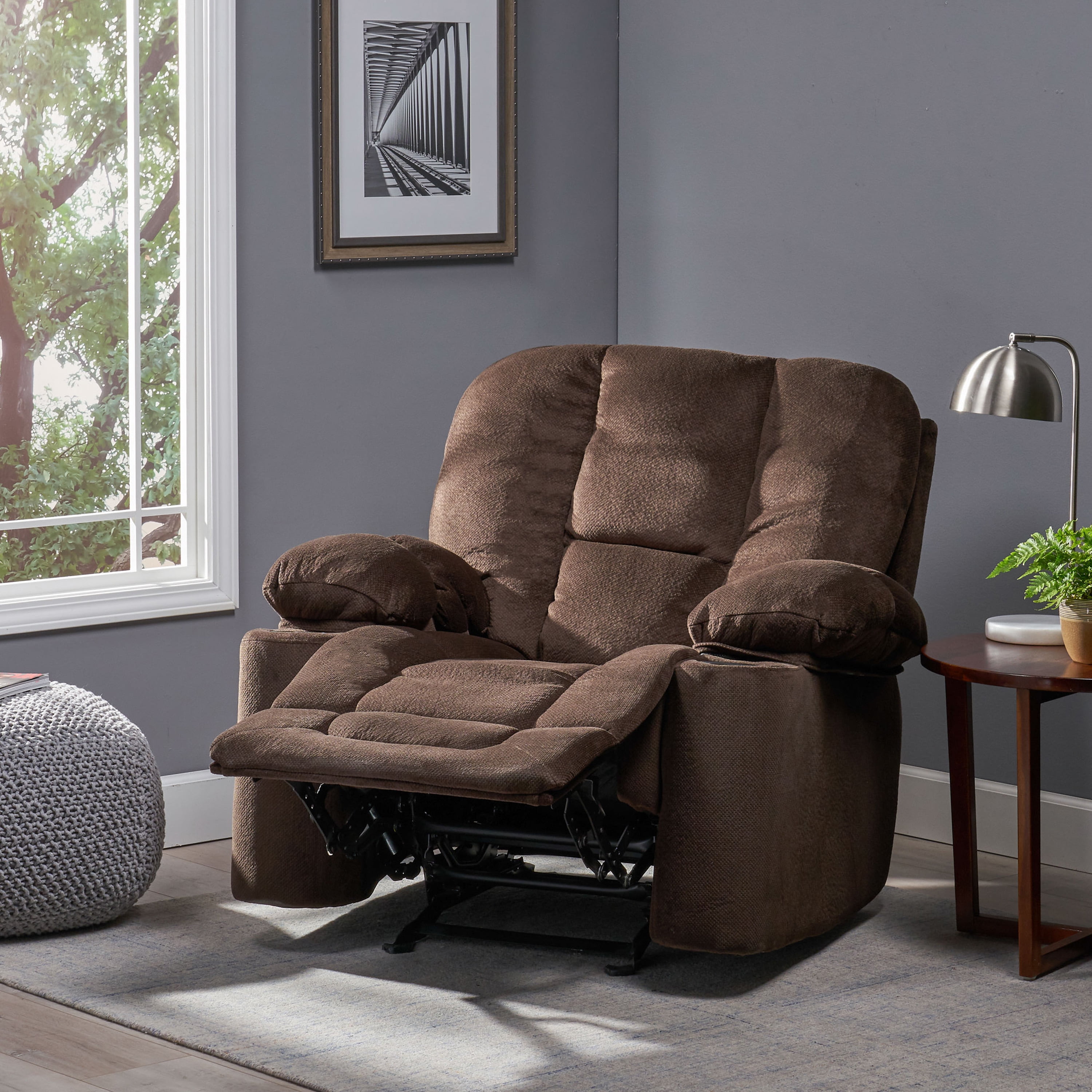Euroco Luxurious Manual Recliner Chair in Chocolate with Skin-Friendly Fabric and Dual Cup Holders