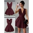 thumbnail image 5 of Burgundy Women Sleeveless Criss-Cross V-Neck A-Line Mini Dress For Party Date Wedding Guest, 5 of 8