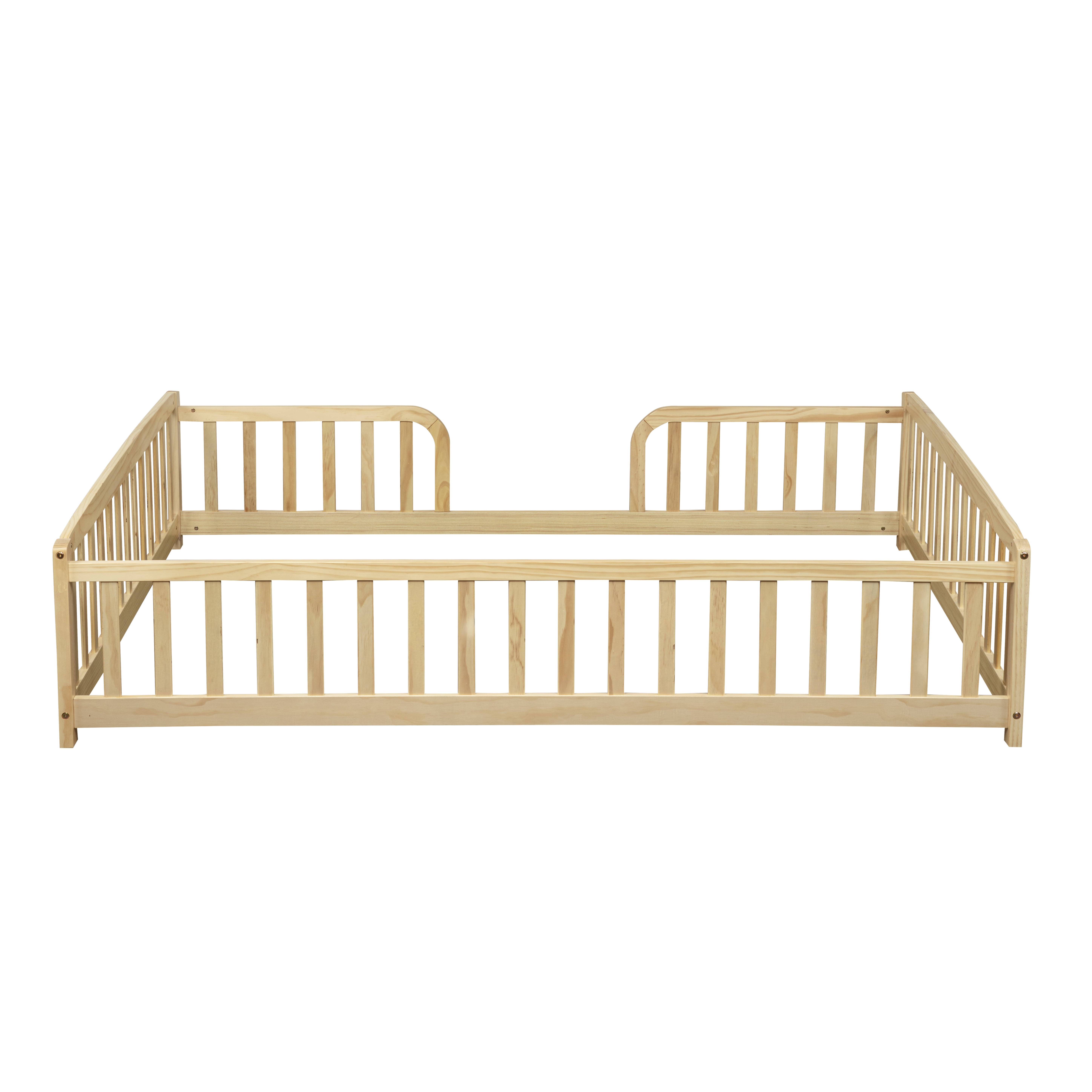 Full Size Natural Pine Wood Floor Bed with Guardrails, Kids Floor Fence Bed with Central Entrance, Rounded Corners, 300 lbs Load, No Box Spring Needed