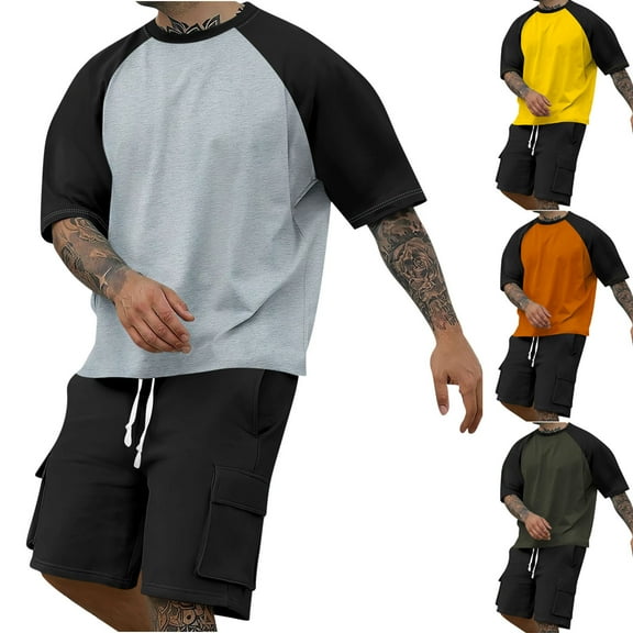 ZZwxWA Mens 2 Piece Sweatsuit Round Neck Raglan Short Sleeve Shirt and Cargo Shorts Sets Summer Outfits Casual Tracksuits 50% Off Clear